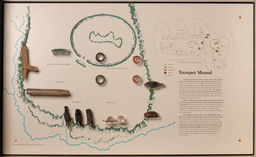 Expanded drawing with examples of found artifacts including earrings or plugs.