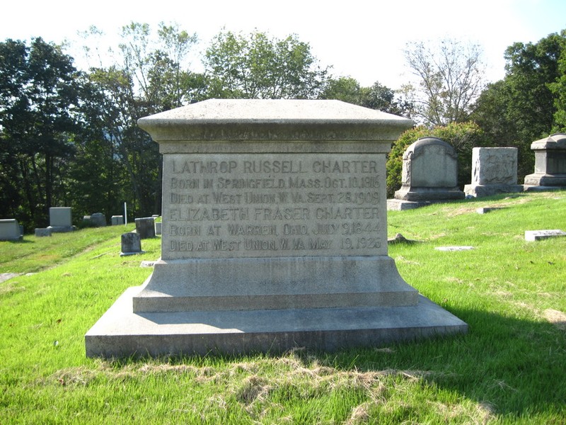 Headstone of Lathrop Russell Charter and his second wife Elizabeth Fraser at Blockhouse Hill Cemetery in West Union.