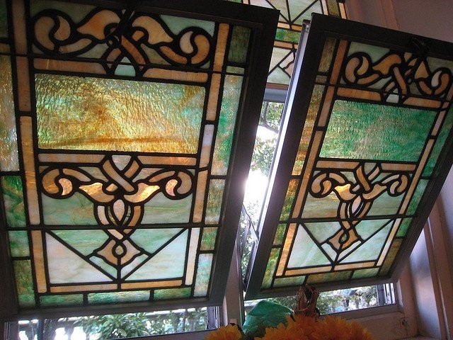A close-up of Salem's stained glass windows.