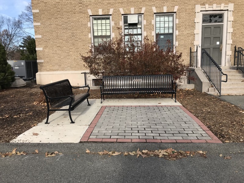 Memorial Hall grounds, memorial benches for Debbie Boden (class of 2004) and Sharon M. Galligan, 2017