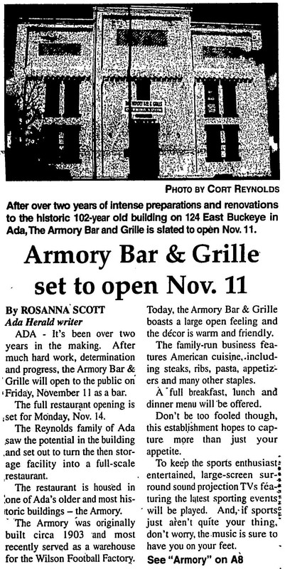 Newspaper article of when the Armory Bar & Grille opened