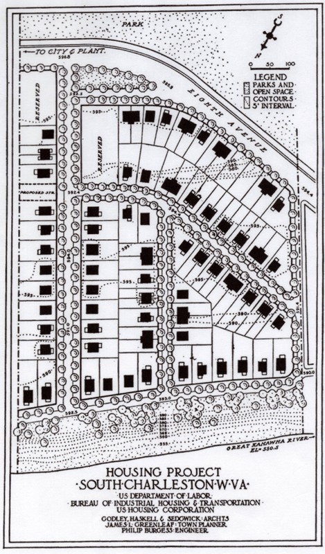 An overhead layout of Armor Park (the Kanawha River is at bottom, meaning that "North" is the bottom of the page). 8th Avenue is now called MacCorkle Avenue. Planners were worried about the smoke and noise of the nearby Ordnance Plant.