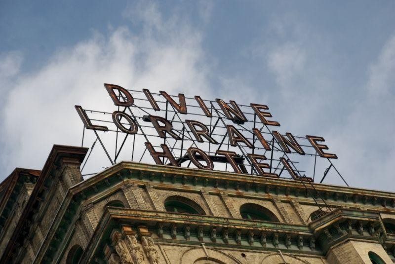 The sign above the Divine Lorraine Hotel