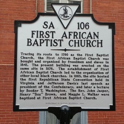 Marker of the location of the First African Baptist Church. The church now holds services in northern Richmond