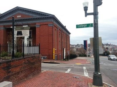 View of were the marker is located on East Broad St & College St. This was the second building for the church, the first being torn down.