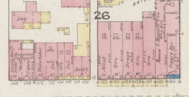 Heath Block at far right (east) end of 500 north block of Main St. in 1885: Cigar business (Sanborn Map Company, p. 4)