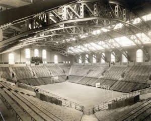 An early photo of the Palestra and its innovative roof design that eliminated interior pillars that blocked the view of spectators. 