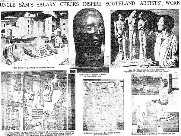 Clipping of a newspaper article discussing the P.W.A.P program and its aid to Ada May Sharpless and other artists during the hard times caused by the Depression.