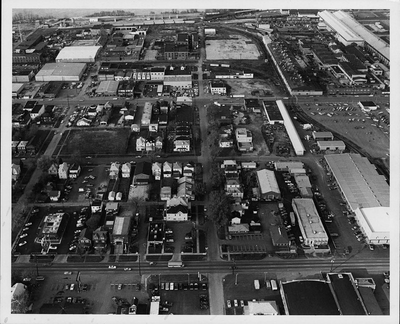 Several blocks of homes and businesses, seen here in 1988, were demolished to make way for the stadium. 