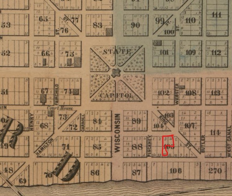Fess Hotel lots (red outline) on 1861 Madison map inset on Dane County map