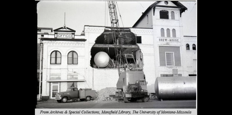 Brewing tanks being removed prior to complete demolition, November 1964 - the tanks were later sold at auction