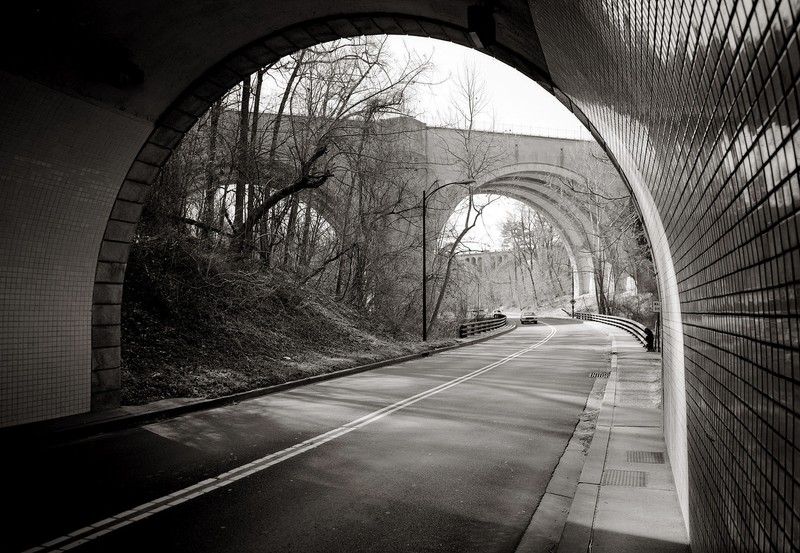 A view of the Duke Ellington Bridge from the Potomac Parkway tunnel, with the Taft Bridge in the distance. Courtesy of the HABS Report for the Rock Creek Parkway.