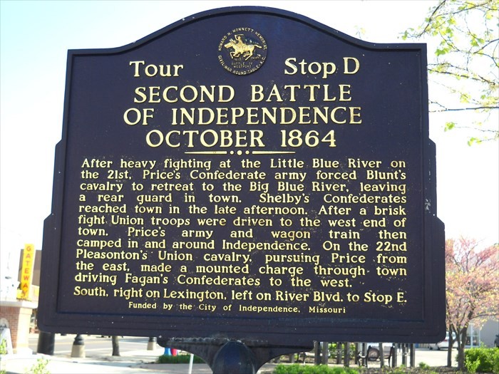 Battle marker near the Independence city center, fourth of six markers pinpointing places of historical significance in the two back-to-back battles of Little Blue River and Independence.