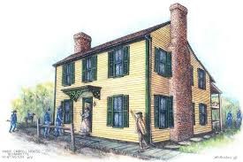 Illustration of Mary Carroll defending the house from Union soldiers