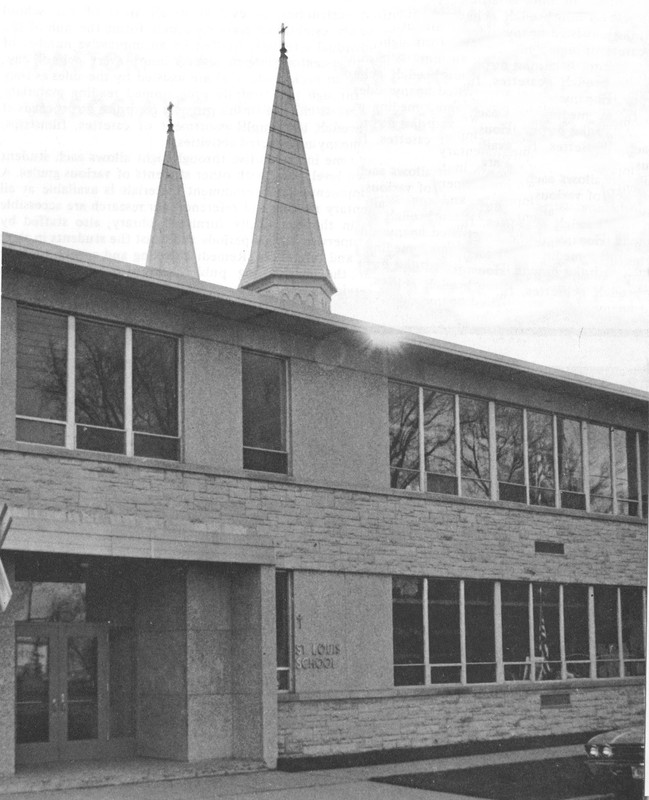 St. Louis School with the twin spires of the church in the background, c. 1970.