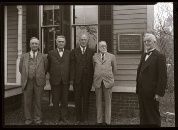 Dedication of plaque commemorating economic entomology at MAC: (l. to r.) Albert Burgess ('95), MAC President Hugh Baker, Charles Alexander, Henry Fernald, and E.P. Felt, October 16, 1938.