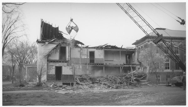 Becker, William B. (photographer). Wrecking of the Mathematics Building (formerly the Entomology Building), ca. 1965. 