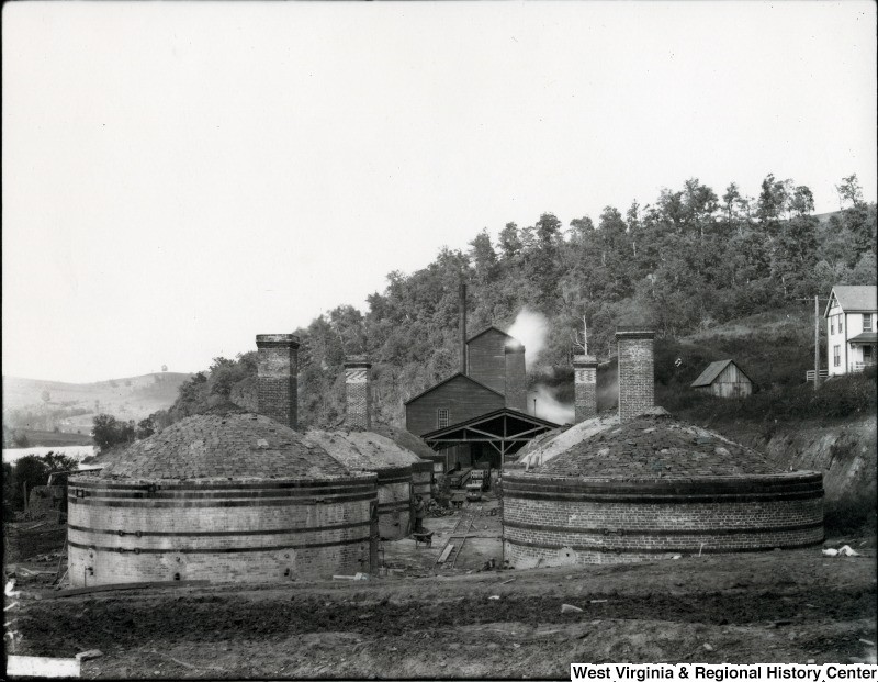 The brickworks at Seneca could produce 28,000 bricks per day, which were fired in these six beehive-shaped kilns. Photo courtesy of West Virginia and Regional History Center, WVU Libraries.