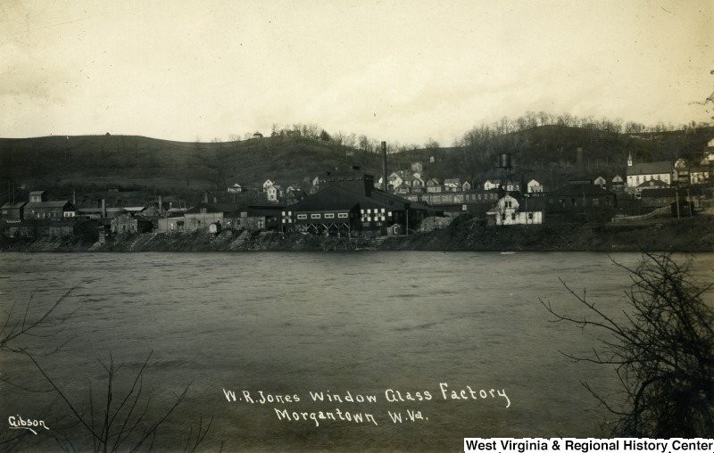 Located on the Monongahela River and near the B&O Railroad, the W. R. Jones Glass factory utilized Sunnyside's transportation methods to bring in raw materials and ship out finished products.West Virginia and Regional History Center, WVU Libraries