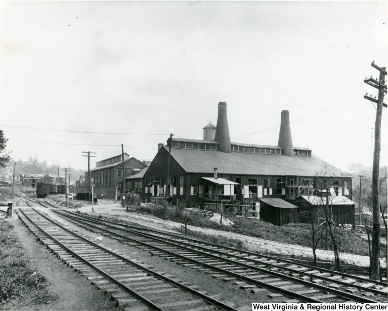 The Morgantown Glass factory was conveniently located along the railroad and river, which provided the company was easy transportation. West Virginia and Regional History Center, WVU Libraries.
