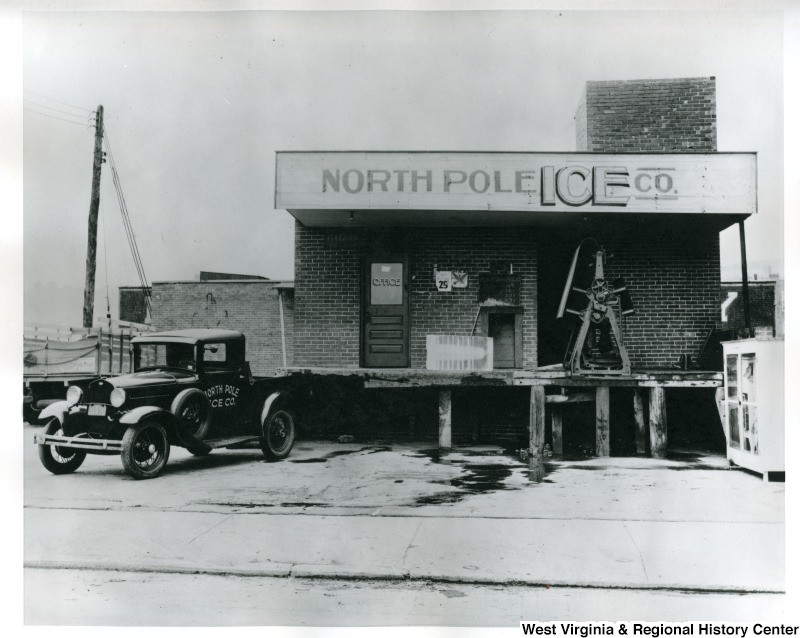 The Morgantown Ice Company, established in 1901, was sold to the North Pole Ice Company in 1946. The building complex was later purchased by Chico's Dairy and then demolished to make way for State on Campus. West Virginia and Regional History Center.