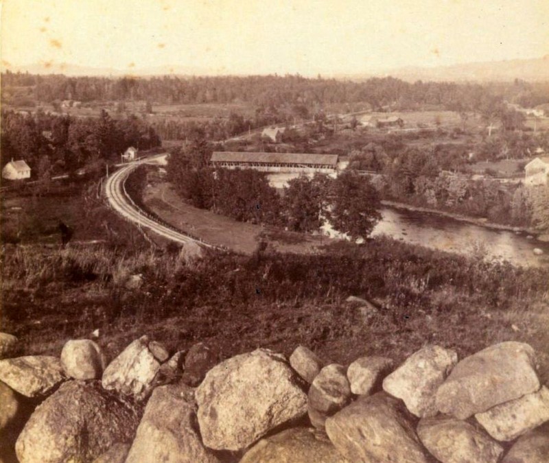 Image of the West Hopkinton station relative to the Rowell Covered Bridge.  