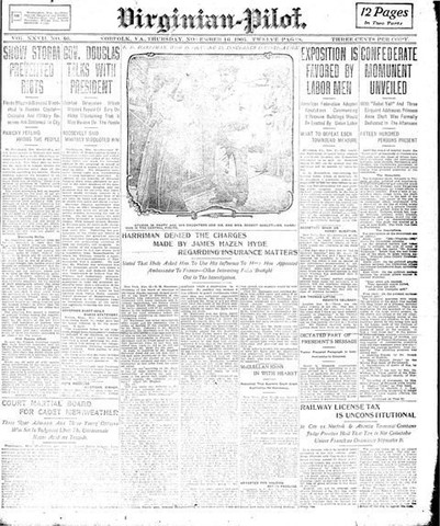 The top right article of the Virginia Pilot details the unveiling of the Confederate Monumeny in Princess Anne County.