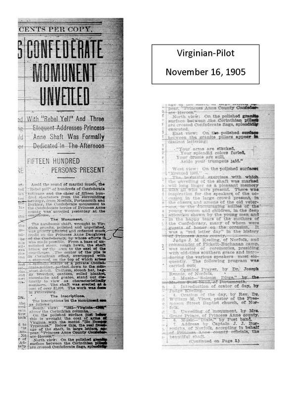 Virginian-Pilot November 16, 1905 article on the dedication of the Princess Anne County Confederate Monument (page 1)