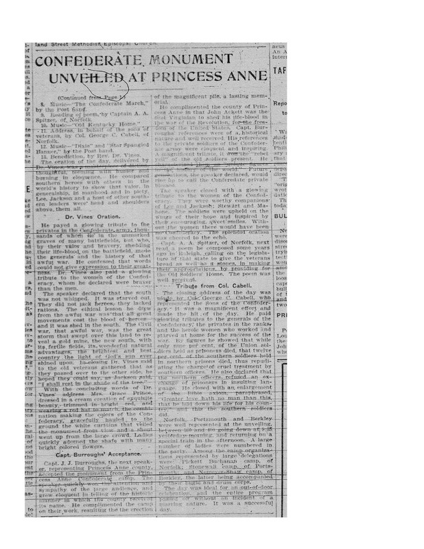 Virginian-Pilot November 16, 1905 article on the dedication of the Princess Anne County Confederate Monument (page 2)