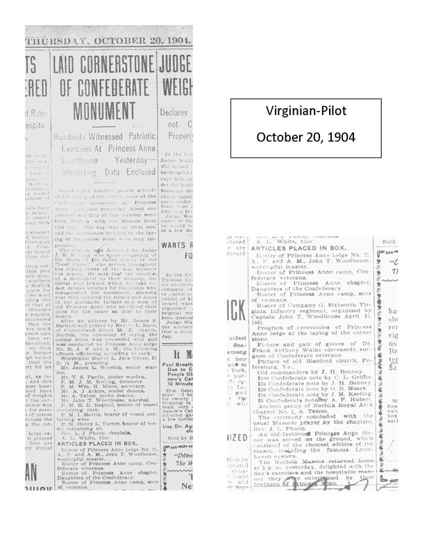 Virginian-Pilot October 20, 1904 article on the laying if the cornerstone for the Princess Anne County Confederate Monument