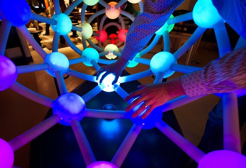 Harmony of the Spheres: create a harmonic soundscape using this interactive musical sculpture, which takes its shape from the symmetries of the 12-tone musical scale. Credit: Joshua Bright for the New York Times