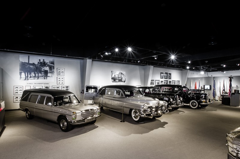 Multiple hearses are on display, including one that carried Grace Kelly and another that carried both Ronald Reagan and Gerald Ford. Image courtesy of the National Museum of Funeral History.