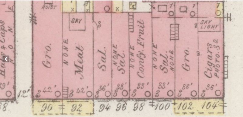 Part of 400 block Main St. in 1885; #98 & #100 are Brown-Feuer Building (Sanborn Map Company p. 4)