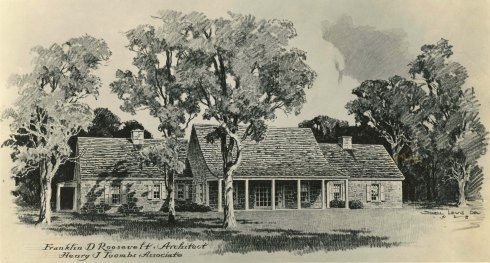 Henry Toomb's exterior design of Top Cottage, listing FDR as the chief architect