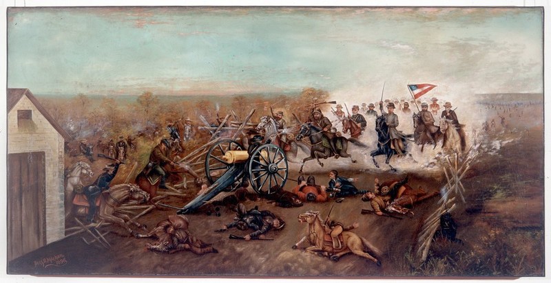 A painting of Ross Burns's howitzer in action at Mockbee's Farm, possibly commissioned by Burns himself. Courtesy of Kansas State Historical Society.
