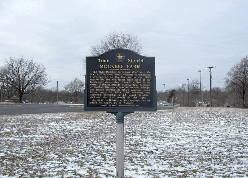 A 2013 photo of the present-day marker, by Bill Bechmann. The Monnett Fund has tirelessly worked to preserve and present the history of the Battle of Westport for decades, and sponsored the markers.