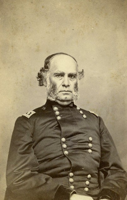 Union General Samuel R. Curtis. Though generally a competent commander, his tactical inflexibility on October 22 nearly lost the battle. His elan seemed to recover the following day during the fighting at Brush Creek.