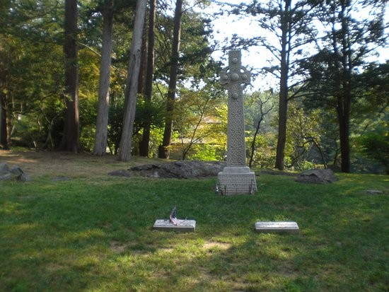 Full view of Andrew Carnegie's grave.  The flat stone at left marks Andrew Carnegie's grave, while that at left marks the grave of his wife, Louise.