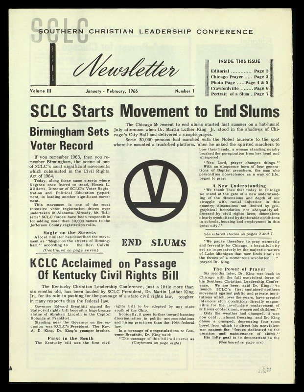 This January 7, 1966 SCLC Newsletter announces the start of the Chicago Freedom Movement which was known at the time as a campaign to end slums. 