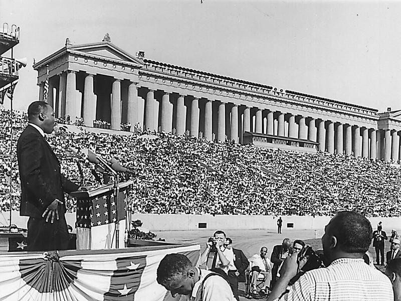 July 10, 1966 rally at Soldier Field. After the rally, thousands of attendees joined King as they marched to City Hall. 