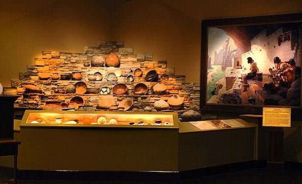 Museum display of American Indian pottery (image from the Woolaroc Museum and Wildlife Preserve)