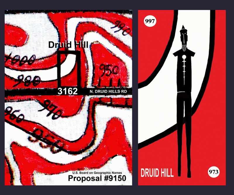 Druid Hill is a geographic feature, a site of cultural significance, and an artwork in and of itself, a "found earthwork". A topographic map showing the elevations and borders of Druid Hill provide the graphic background for the official flag.