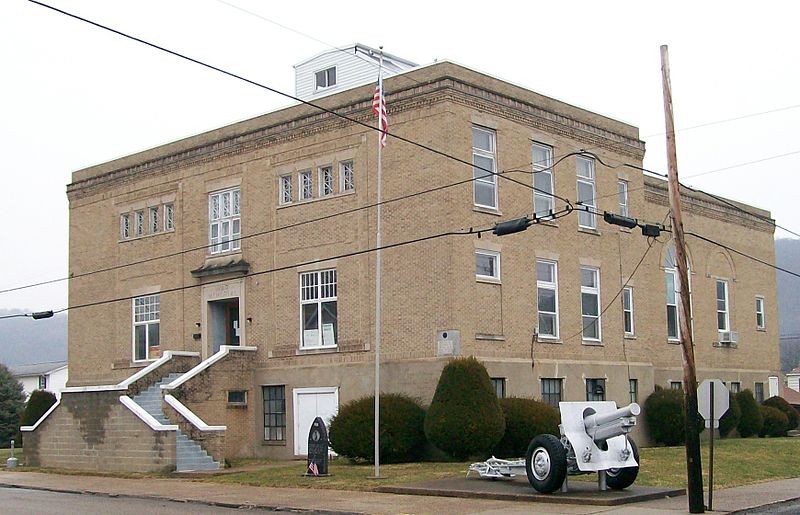 The Wetzel County War Memorial Building, including the 9mm gun and Korean War Memorial in front