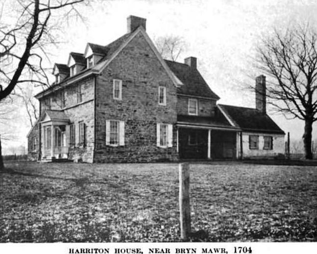 Photo of Bryn Mawr / Harriton House circa 1919, public domain photo from Old Roads Out of Philadelphia by John Thomson Faris, located via Wikimedia Foundation Archive