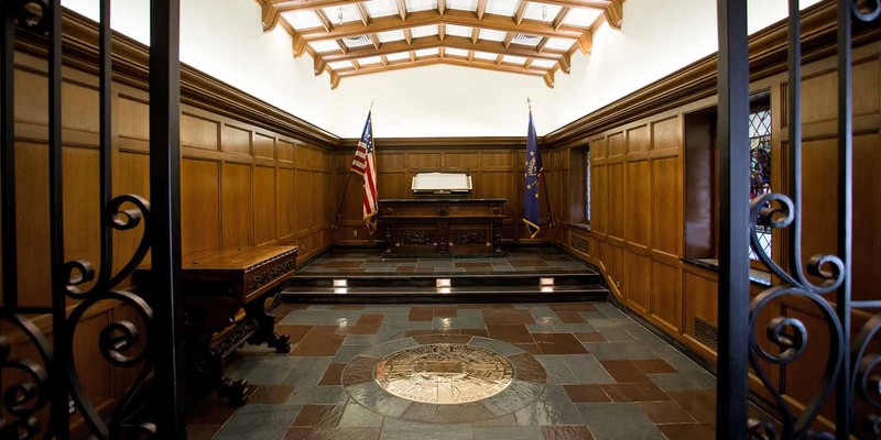 The Memorial Room, on the first floor of the IMU, pays tribute to IU students past and present who served in the U.S. military. It houses the Golden Book, which documents the names of IU’s service members dating back to the War of 1812.