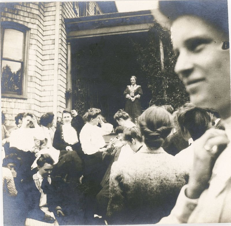 Bryn Mawr's first president M. Carey Thomas addresses students from the porch of the home in 1905. 