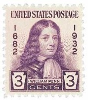 This stamp commemorates the 250th anniversary of William Penn's arrival. It was issued in Philadelphia because he designed the first grid city, featuring parallel streets and blocks of uniform dimension stretching for a mile between two rivers. 