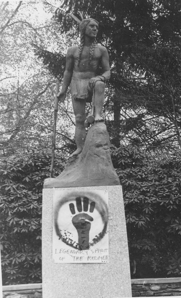 Raised fist logo placed on Metawampe statue, May 4, 1970. 