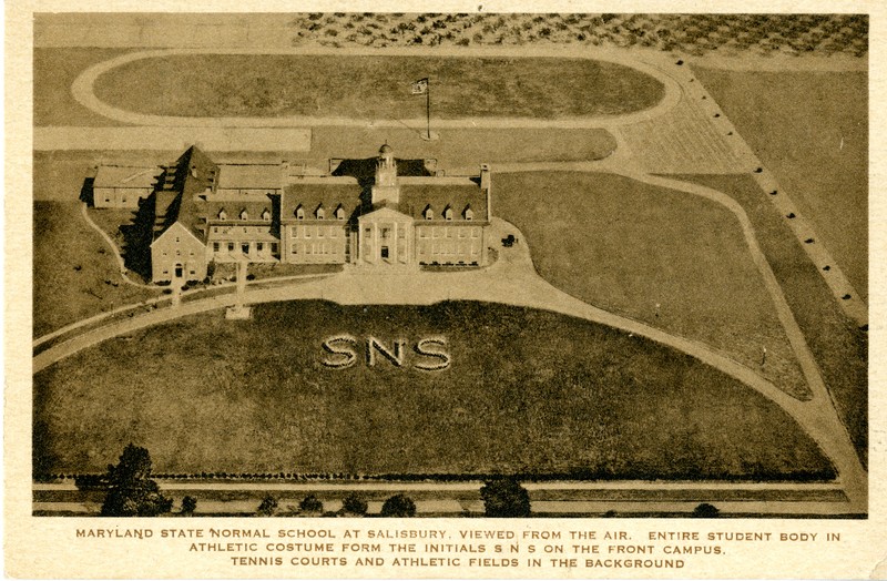 Aerial view of Holloway Hall on a postcard, 1929