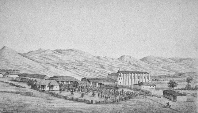 The mission in 1856, in a drawing by Henry Miller, who produced one of the most comprehensive collections depicting the California missions before the age of photography. UC Berkeley, Bancroft Library.